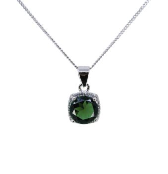 Rhodium plated sterling pendant with Clear and Emerald cubic zirconia stones.
