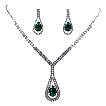 Rhodium colour plated choker and pierced drop earring set with genuine crystal stones and a acrylic centre stone.
