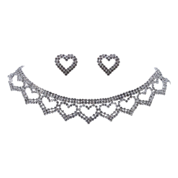 Rhodium colour plated heart design choker and pierced stud earring set with genuine Clear crystal stones.
