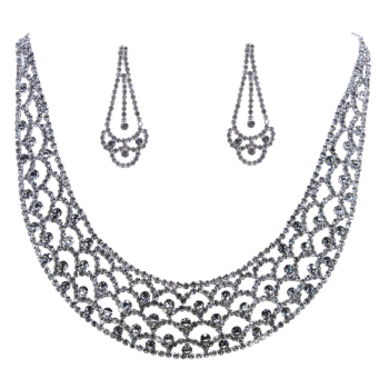 Rhodium colour plated choker and pierced drop earring set with genuine Clear crystal stones.
