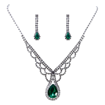 Rhodium colour plated choker and pierced drop earring set with genuine crystal stones.
