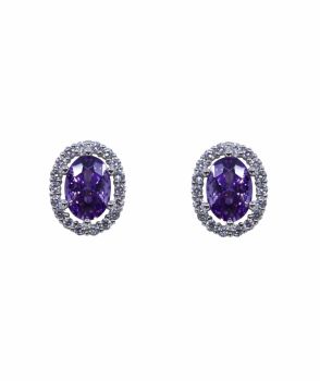 Rhodium plated sterling silver oval stud earrings with Clear and Amethyst cubic zirconia stones.
