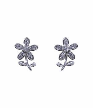Rhodium plated sterling Silver flower  design stud earrings with Clear cubic zirconia stones.

