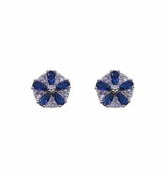 Rhodium plated sterling Silver flower design stud earrings with Clear and Sapphire cubic zirconia stones.