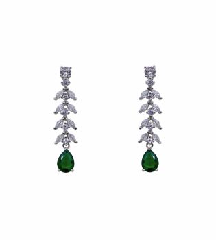 Rhodium plated sterling Silver drop earrings with Clear and Emerald cubic zirconia stones.
