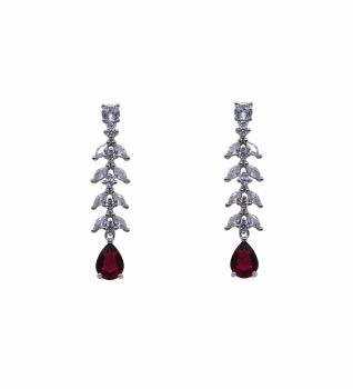 Rhodium plated sterling Silver drop earrings with Clear and Rhodolite cubic zirconia stones.
