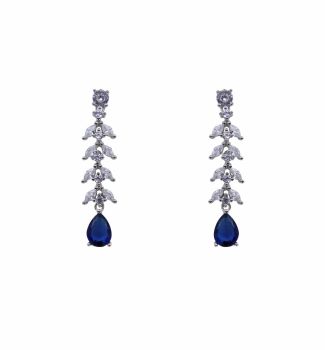 Rhodium plated sterling Silver drop earrings with Clear and Sapphire cubic zirconia stones.
