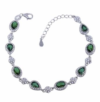 Rhodium plated sterling Silver bracelet with Clear and Emerald cubic zirconia stones.
