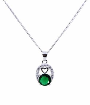 Rhodium plated sterling oval pendant with Clear and Emerald cubic zirconia stones and heart detail.

