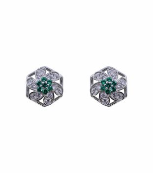 Rhodium plated sterling Silver flower design stud earrings with Clear and Emerald cubic zirconia stones.
