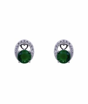 Rhodium plated sterling Silver oval stud earrings with Clear and Emerald cubic zirconia stones and heart detail.
