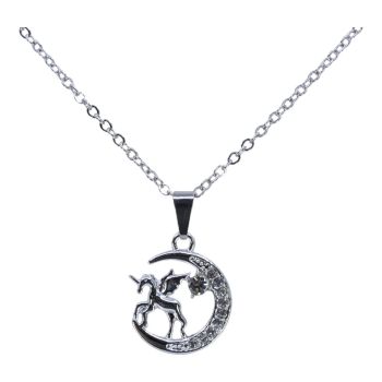 Rhodium colour plated unicorn and moon design pendant with genuine Clear crystal stones.
