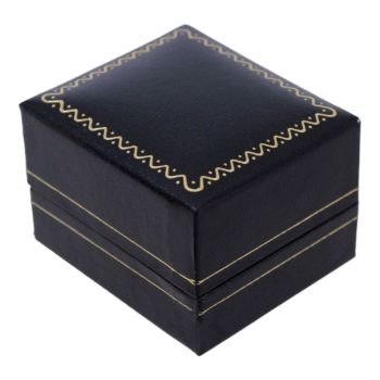 Black leatherette card earring box, decorated with a Gold colour trim, Black velvet and White Satin interior.
