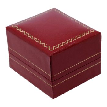 Burgundy leatherette card earring box, decorated with a Gold colour trim, White velvet and White Satin interior.
