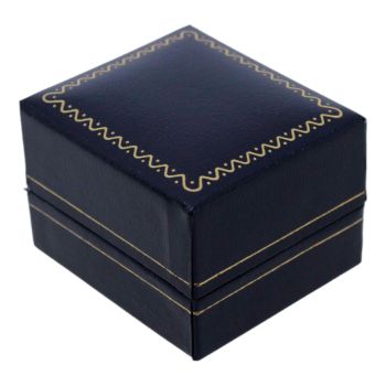 Navy leatherette card earring box, decorated with a Gold colour trim, Navy velvet and White Satin interior.
