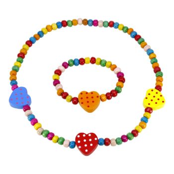 Girls Polka Dot Heart Wooden Beaded Necklace and Bracelet Set