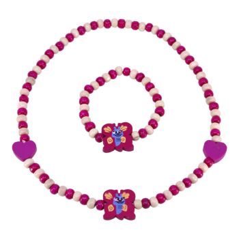 Girls Butterfly & Heart Wooden Beaded Necklace and Bracelet Set