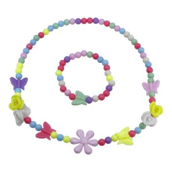 Girls Acrylic Butterfly & Flower Bead Necklace and Bracelet Set
