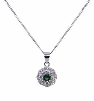 Rhodium plated sterling Silver pendant with Clear and Emerald cubic zirconia stones.
