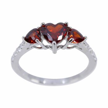 Rhodium plated sterling Silver heart design ring with Clear and Garnet cubic zirconia stones.
