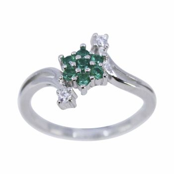Rhodium plated sterling Silver ring with Clear and Emerald cubic zirconia stones.
