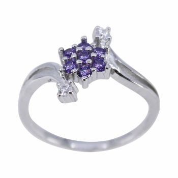 Rhodium plated sterling Silver ring with Clear and Amethyst CZ stones.