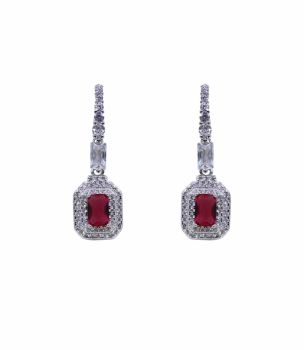 Rhodium plated sterling Silver drop earrings with Clear and Rhodolite cubic zirconia stones.
