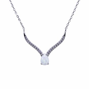 Rhodium plated sterling Silver necklace with Clear cubic zirconia stones and a synthetic White opal stone.
