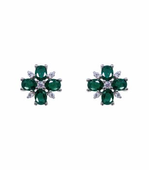 Rhodium plated sterling Silver stud earrings with Clear and Emerald cubic zirconia stones.