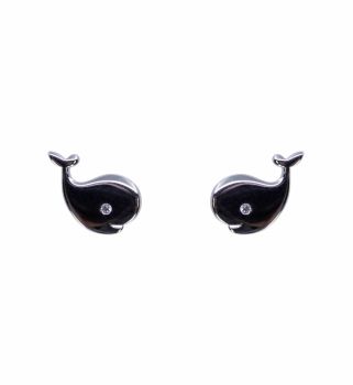 Rhodium plated sterling Silver Whale design stud earrings with Clear cubic zirconia stones.
