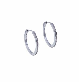 Rhodium plated sterling Silver hinged huggie hoop earrings with Clear cubic zirconia stones and a push button release fastening.
