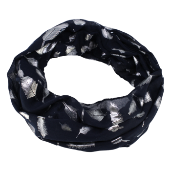 Soft cotton feel, endless loop scarves with a Silver colour foil feather print.
