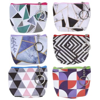 Abstract design coin purses with a metal keyring.
