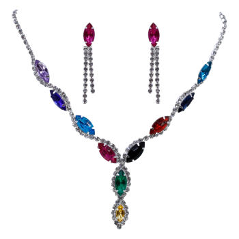 Rhodium colour plated necklace and pierced drop earring set with genuine crystal stones and acrylic stones.
