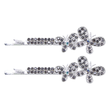 Rhodium colour plated, butterfly design hair slides with genuine Clear and AB crystal stones.
