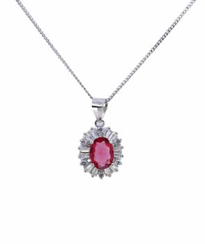 Rhodium plated sterling Silver pendant with Clear and Rhodolite cubic zirconia stones.
