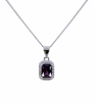 Rhodium plated sterling Silver pendant with Clear and Amethyst cubic zirconia stones.
