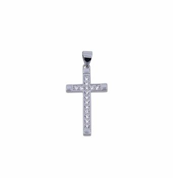 Rhodium plated Sterling Silver cross pendant with Clear cubic zirconia stones.
