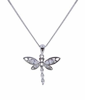 Rhodium plated Sterling silver dragonfly design pendant with Clear cubic zirconia stones.
