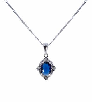 Rhodium plated sterling pendant with Clear and Sapphire cubic zirconia stones.
