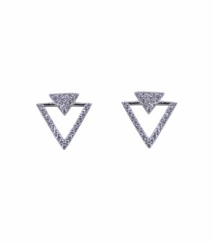 Rhodium plated sterling Silver triangle design stud earrings with Clear cubic zirconia stones.
