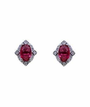 Rhodium plated sterling Silver stud earrings with Clear and Rhodolite cubic zirconia stones.
