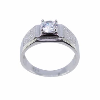 Rhodium plated sterling Silver gents ring with Clear cubic zirconia stones.