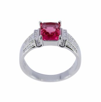 Rhodium plated sterling Silver unisex ring with Clear and Rhodolite cubic zirconia stones ladies gents men's women's