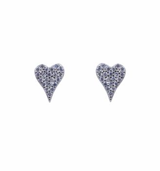 Rhodium plated sterling Silver heart design stud earrings with Clear cubic zirconia stones.
