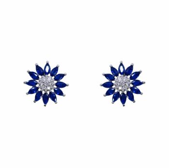 Rhodium plated sterling Silver flower stud earrings with Clear and Sapphire cubic zirconia stones.
