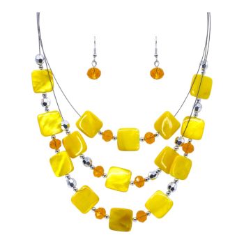 Rhodium colour plated, 3 tier necklace and pierced drop earring set.

