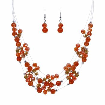 Rhodium colour plated, 5 tier necklace and pierced drop earring set.
Necklace is decorated with acrylic beads, round beads and faceted crystal beads.
