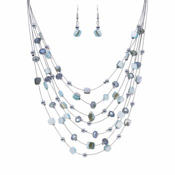 Rhodium colour plated, 7 tier necklace and pierced drop earring set.
