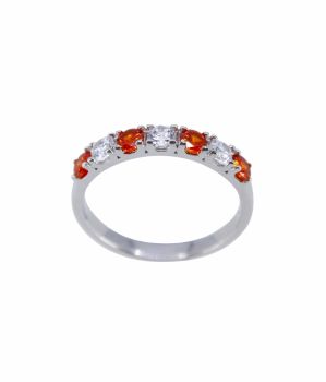 Rhodium plated sterling Silver ring with Clear and Tangerine cubic zirconia stones.